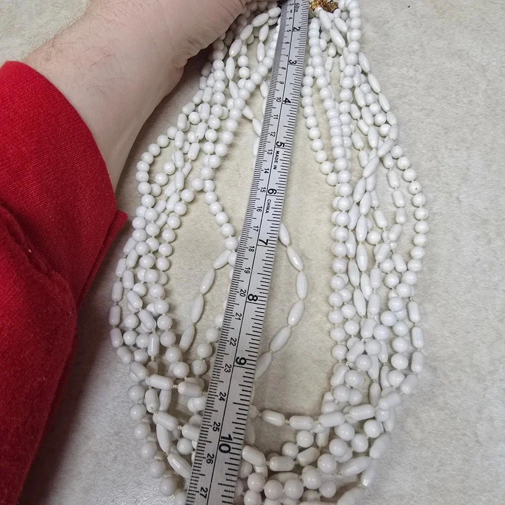 Vintage Milk Glass Multi Strand Necklace White Beaded 5 Row‎ Statement Gold Tone